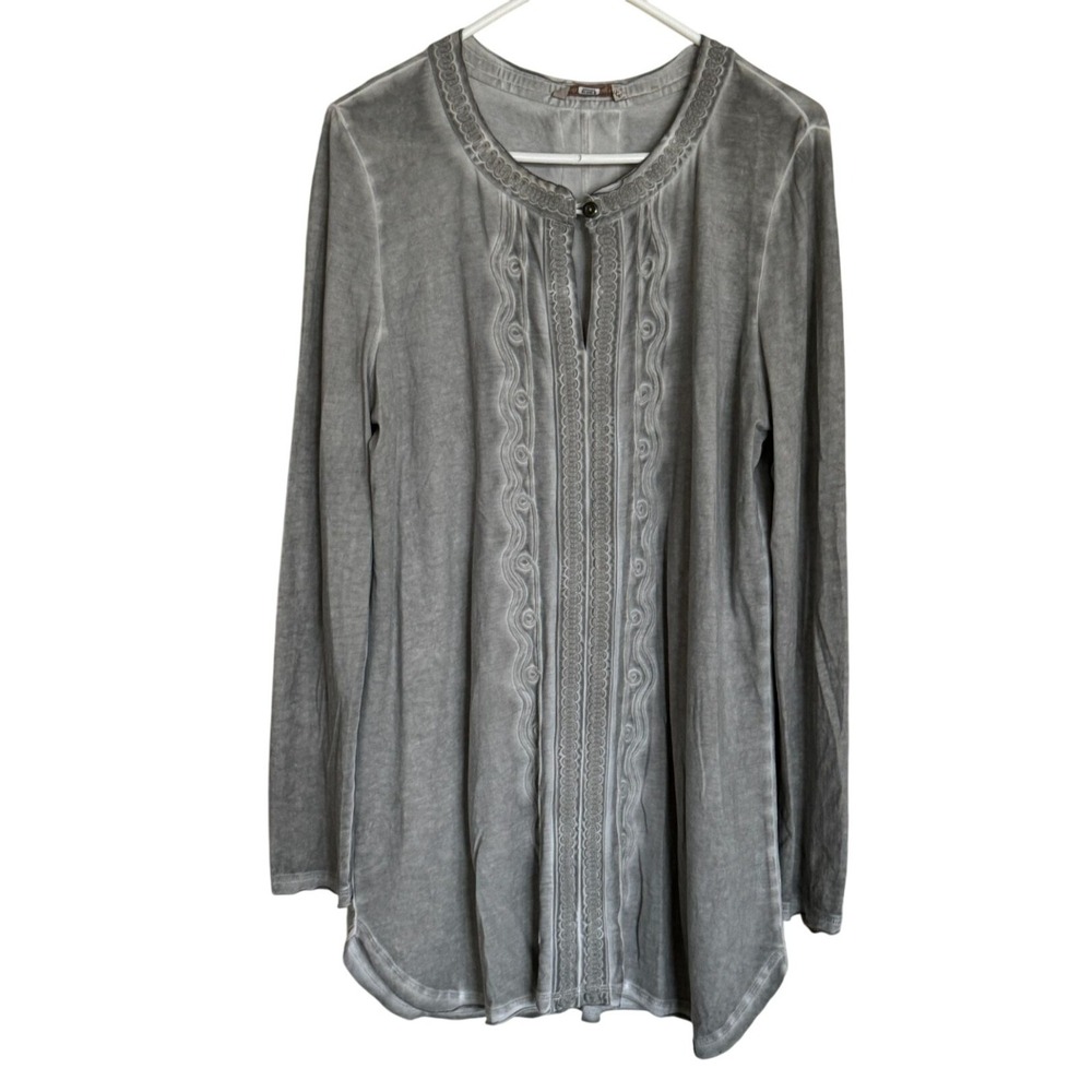 Soft Surroundings Gerald Gray Acid Wash Embroidered Tunic Top Boho Medium w1